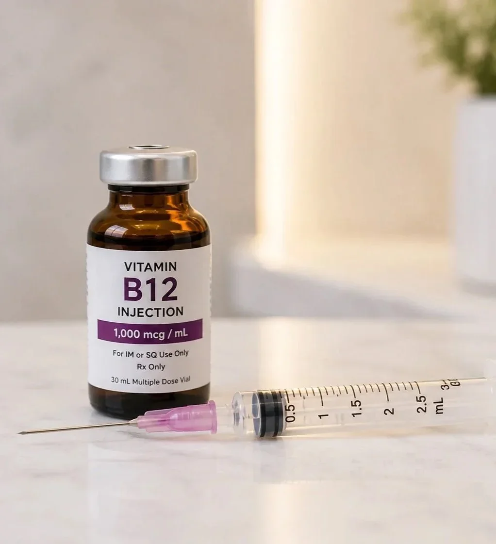 Vitamin B12 injection vial and syringe on marble
