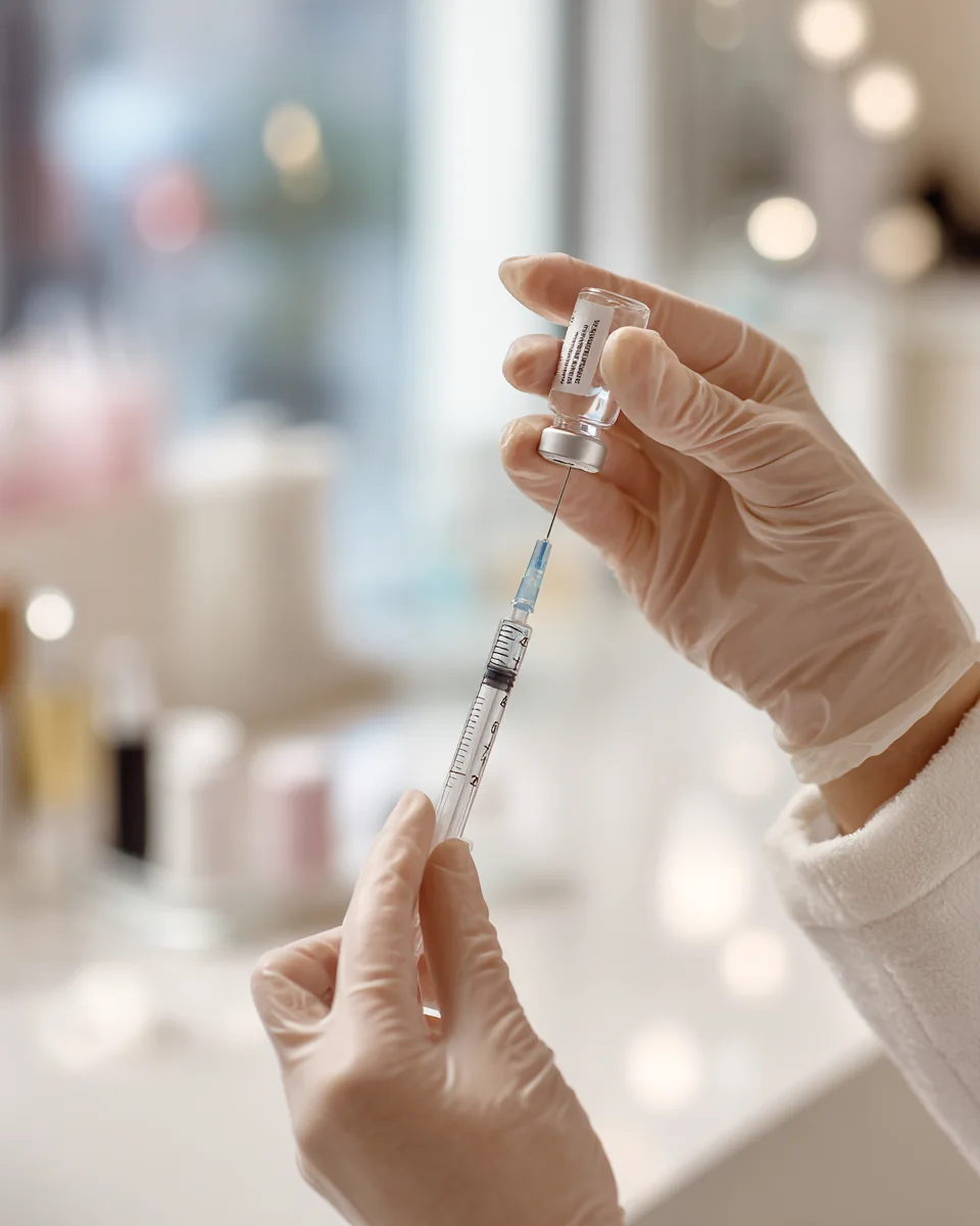 Gloved hands preparing an injectable in soft candlelight
